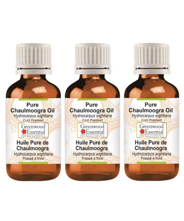 Greenwood Essential Natural CHAULMOOGRA OEL (Hydnocarpus Wightiana) Natural therapeutic quality cold -pressed (Pack of Three) 100ml X 3 (10 oz)