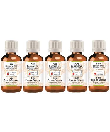 Pure Sesame Oil (Sesamum indicum) Cold Pressed (Pack of Five) 100ml X 5 (16.9 oz) 100ml X 5 (16.9 Ounce) with Plastic Euro Dropper