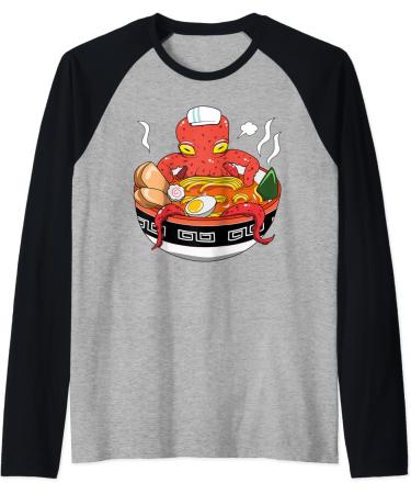Japanese Kawaii Ramen Octopus Noodle Chillin Bowl Raglan Baseball Tee