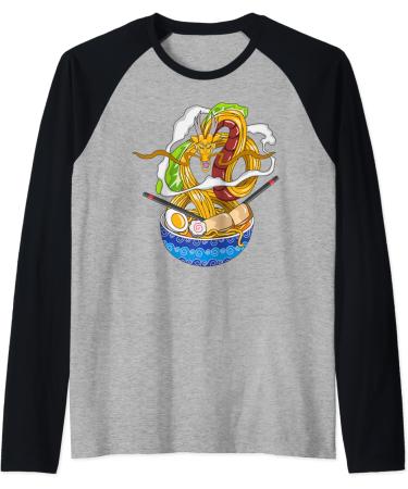 Japanese Kawaii Dragon Ramen Noodle Chillin Bowl Raglan Baseball Tee