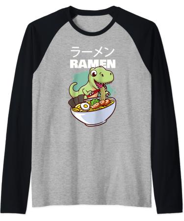 Kawaii Dino T-Rex eating Japanese Soup Ramen Noodle Raglan Baseball Tee - Buy Online on GoSupps.com