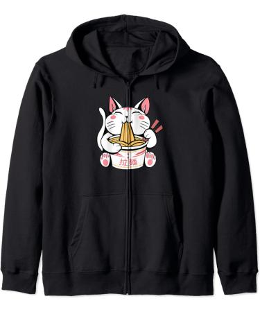 Kawaii Cat Neko Eating Ramen Noodle Soup Japanese Aesthetic Zip Hoodie