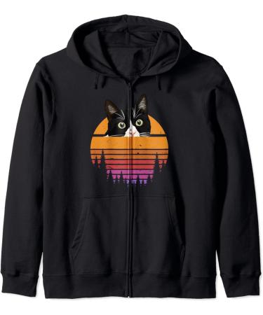 Cat Retro Style - Black Cat Vintage Style - Kitten Cat Lover Zip Hoodie