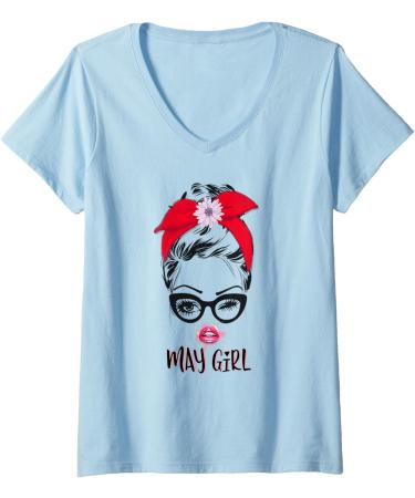 Womens May Girl Wink Eye Woman Face Wink Eyes Lady Face V-Neck T-Shirt