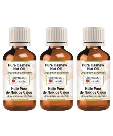 Greenwood essential natural cashew nut oil (anacardium occidentale) therapeutic quality for hair skin and aromatherapy (pack with three) 100ml x 3 (10 oz)