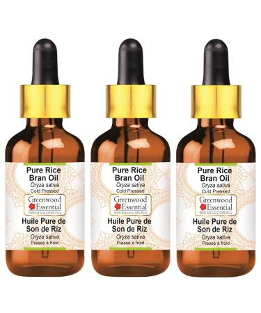 Greenwood Essential Pure Rice Bran Oil (Oryza sativa) with Glass Dropper Cold Pressed (Pack Of Three) 100ml X 3 (10 oz)