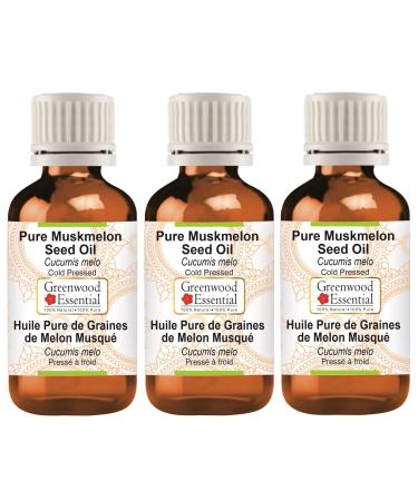 Greenwood Essential Pure Muskmelon Seed Oil (Cucumis melo) 100% Natural Therapeutic Grade Cold Pressed for Personal Care (Pack of Three) 100ml X 3 (10 oz) 100ml X 3 (10 Ounce) with Plastic Euro Dropper