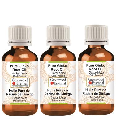 Greenwood Essential Pure Ginko Root Oil (Ginkgo biloba) Natural Therapeutic Grade Cold Pressed (Pack of Three) 100ml X 3 (10 oz)