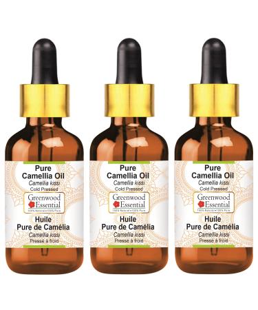 Greenwood essential natural camellia oil (Camelia Kissi) with glass dripper natural -purity therapeutic quality cold -pressed (pack of three) 100ml x 3 (10 oz)