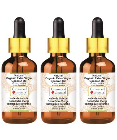 Greenwood essential natural extra virgin coconut oil (cocos nucifera) with glass dripper natural pure therapeutic quality cold -pressed (pack of three) 100ml x 3 (10 oz)