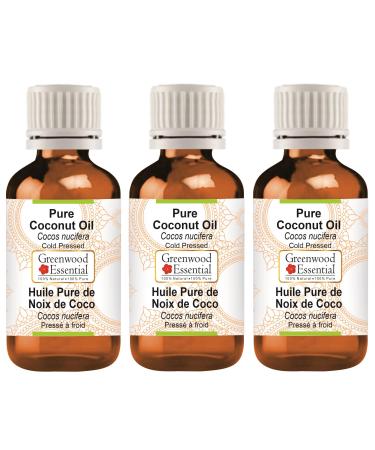 Greenwood essential natural coconut oil (Cocos nucifera) Naturreine therapeutic quality cold -pressed (pack of three) 100ml x 3 (10 oz)