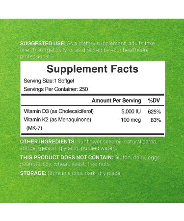 Vitamin D3 K2 Softgel 5000 IU - 250 Count 2-1 Complex for Heart, Bone, Teeth Health - Easy to Swallow - Buy Online on GoSupps.com