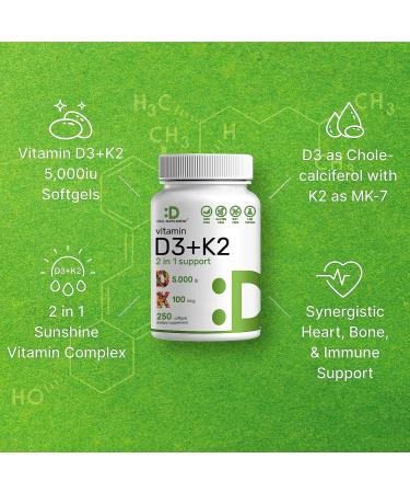 Vitamin D3 K2 Softgel 5000 IU - 250 Count 2-1 Complex for Heart, Bone, Teeth Health - Easy to Swallow - Buy Online on GoSupps.com