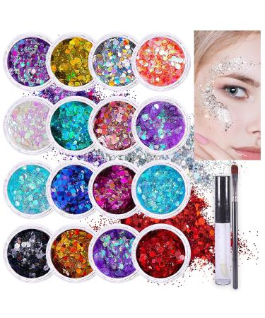 Chunky Holographic Rainbow Glitter I 16 Colors + Glitter Glue for Face Glitter Makeup, Hair, Eye & Fine Glitter Eyeshadow - Perfect for Festivals, Slime, Resin, Tumblers, Craft, Cosmetic & Nail Art 16 Pack Holographic Glitter - Buy Online on GoSupps.com
