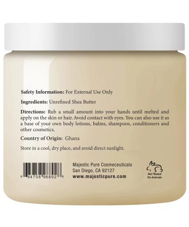 Majestic Pure Shea Butter 16 oz - Raw Unrefined Premium Grade Moisturizer for Dry Skin  Face  Body  Lips  and Hair - Skin & Hair Care Recipes - Buy Online on GoSupps.com