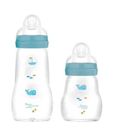 MAM Baby Glass Bottles 2 Pack Feel Good from Birth 170 ml & 260ml Glass Feeding Baby Bottle blue