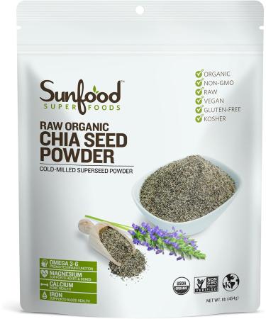 Sunfood Superfoods Chia Seed Powder - Raw Organic - Bulk Value - Ground Chia Seed Meal - Mild Nutty Flavor - Traditional Growth Techniques: Cold Milled - No Preservatives, Additives - 1 lb Bag