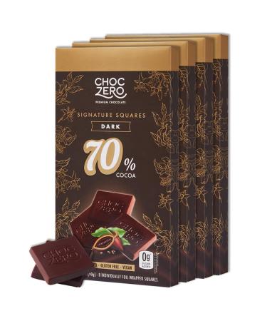 70% Cocoa Special Vegan Dark Chocolate - Keto Friendly ChocZero Squares - Sugar-Free (4 bags, 32 snack pieces) 70% Dark Chocolate - 4 Pack