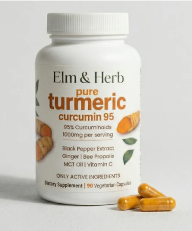 Elm and Herb Turmeric Curcumin 1000mg 95% Curcuminoids with Bee Propolis Ginger MCT Oil & Vitamin C Enhanced Absorption Formula 90 Veggie Capsules