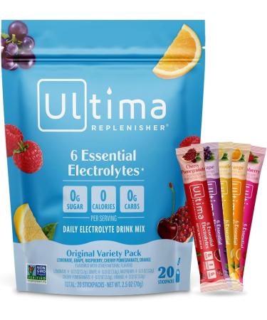 Ultima Replenisher Hydration Electrolyte Packets- 20 Count- Keto & Sugar Free- On the Go Convenience- Feel Replenished, Revitalized- Non-GMO & Vegan Electrolyte Drink Mix- Variety 5 Flavor Variety Pack - Buy Online on GoSupps.com