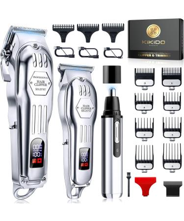 KIKIDO Hair Clippers Professional Cordless for Men Trimmer Beard Kits Men's Grooming Set with LCD Display Electric Shavers Razor for Barber Grooming Family Home (Sliver-3)