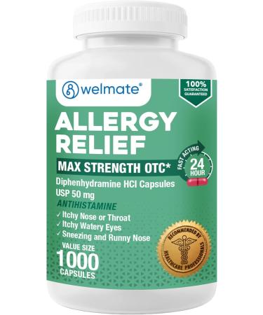 WELMATE Allergy Relief | Diphenhydramine 50 mg | 1000 Count Capsules | Antihistamine - Non-Drowsy Relief - Allergy & Cold Symptoms - Sneezing Runny Nose Itchy Eyes & Throat
