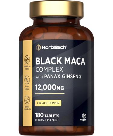 Maca Root Capsules 12000mg | High Strength | Black Maca Complex | with Black Maca Panax Ginseng Yellow Maca & Black Pepper | 180 Vegan Tablets | by Horbaach
