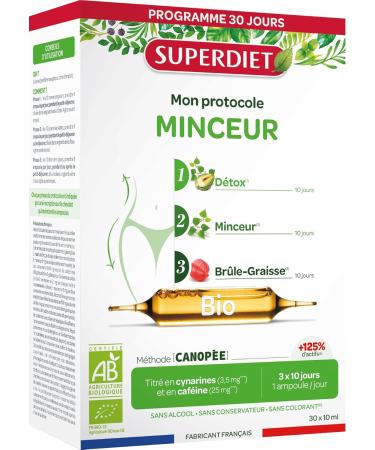 SUPERDIET Organic slimming protocol 3 phases: detox, slimming, fat burning Herbal medicine Made in France 30 ampoules of 10 ml.