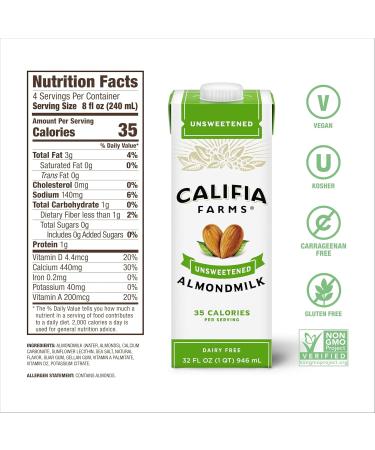 Califia Farms Unsweetened Almond Milk 32 oz (Pack of 6) | Dairy-Free, Vegan, Plant-Based, Keto | Shelf Stable, Gluten-Free, Non-GMO - Sugar-Free, High Calcium for Smoothies - Buy Online on GoSupps.com