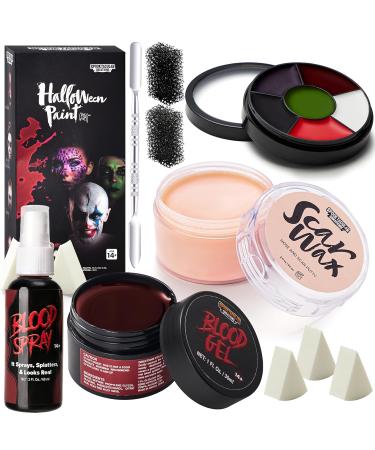 Spooktacular Creations 6 PCS Halloween Makeup Kit Face Painting Set 6 Colors Bruise Makeup Palette Scar Wax with Spatula Tool Blood Spray Stipple Sponges SFX Costume Cosplay Party for Adult and Kids
