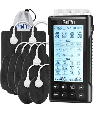 Belifu 4 Channel Tens Unit Electro Muscle Stimulator, Fully Isolated with Independent 24 Modes, Rechargeable Pulse Massager with Electrodes Pads for Neck Back Arms Chronic Pain Relief Body Building