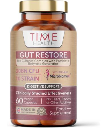 Time Health Gut Restore 30 Billion CFU Powerful 12 Strain Probiotic Formula Postbiotic Butyrate Generator MicroBiomeX Clinically Proven Advanced Bio Cultures Complex 60.0 count Pack of 1 - Buy Online on GoSupps.com