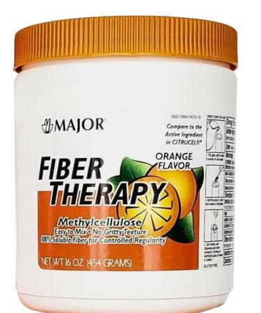 Major Fiber Therapy Easy to Mix Non-Gritty Texture Orange Flavor Methylcellulose 100% Soluble Fiber for Controlled Regularity Powder - 16 Oz