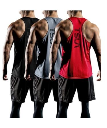 TSLA 3 Pack Men's Dry Fit Y-Back Muscle Workout Tank Tops - Black/Grey/Red- Medium
