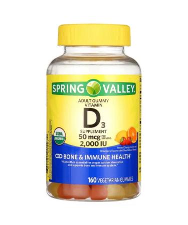 Spring Valley USDA Organic Vitamin D3 Vegetarian Gummies, Assorted Fruits, 50 mcg, 160 Count