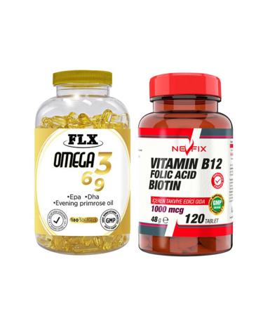 FLX Omega 3-6-9 Fish Oil 180 Softgel & Nevfix Vitamin B12 1000 Mcg 120 Tablets