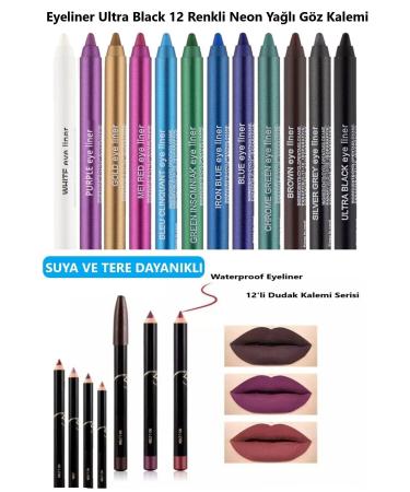 Mardinal Eyeliner Ultra Black 12 Color Neon Oil Eye Pencil + Waterproof 12 Lip Pencil Series Lipliner