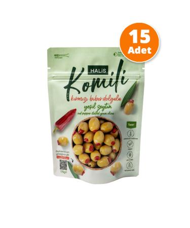 Komili Red Pepper Stuffed Green Olives 15x170g