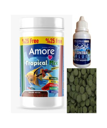 AMORE Tropical Mix Granules 125 Ml Livebearing Fish Food and Spirulina Tablets 12 Pieces and Vitamin Set
