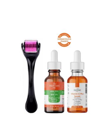 Natural Pharmacy Aha 25 Bha 2 Panthenol Skin Tone Peeling + Vitamin C Serum + Dermaroller