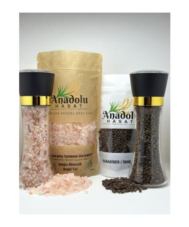 ANATOLIAN HARVEST 4-PIECE SET - HIMALAYAN TABLE GRINDING ROCK SALT 500GR + 100 GR BLACK PEPPER + 2PCS 200GR MILL