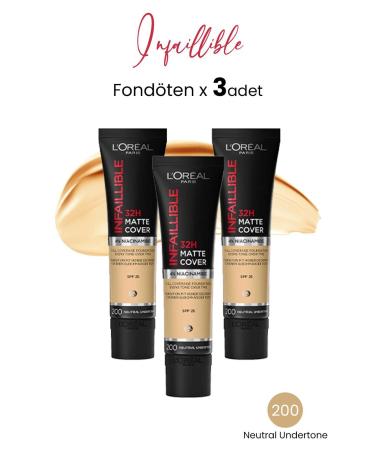 L'Oreal Paris Loreal Paris Infaillible Matte Cover Foundation SPF25 Neutral Undertone 200 x 3 Pieces