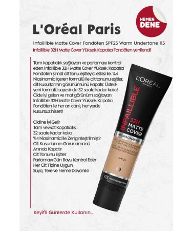 L'Oreal Paris Infaillible Matte Cover Foundation Spf25 Warm Undertone 115 - Buy Online on GoSupps.com