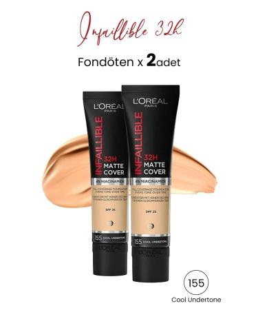 L'Oreal Paris Loreal Paris Infaillible 32H Matte Cover High Coverage Foundation - 155 Cool Undertone 30 ml x 2 Pieces