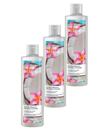 Avon Senses Aloha Monoi Tiare Flower and Coconut Scented Cream Shower Gel 250 Ml. Set of Three