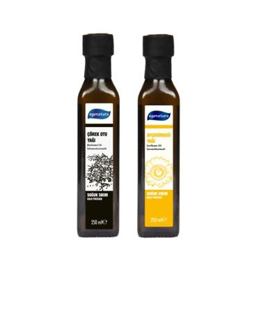 egenatura Black Cumin Oil 250 Ml + Sunflower Seed Oil 250 Ml - Cold Pressed & Glass Bottle