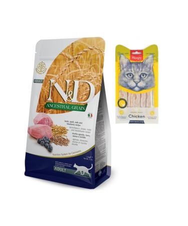 N & D Low Grain Lamb Blueberry Adult Cat Food 1.5 kg + wanpy Chicken Liquid Cat Reward 5x14 g