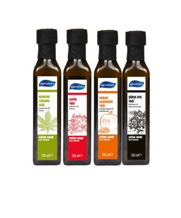 egenatura Cold Pressed Hemp + Aspir + Pumpkin Seed Oil + Grape Seed Oil 4x250 Ml Glass Bottle 4 Piece Special Set