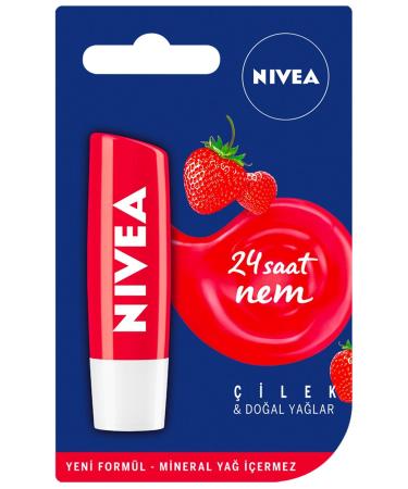 NIVEA Nivea Strawberry Lip Care Cream 4.8 Gr 24 Hour Moisture Lip Care Strawberry Scent Light Red Shine