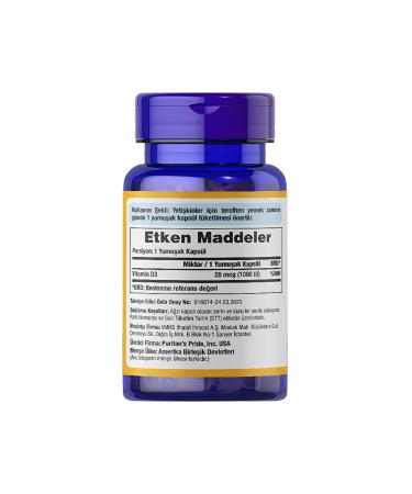 Puritan's Pride Vitamin D3 25 Mcg 1000 IU 100 Softgels - Buy Online on GoSupps.com